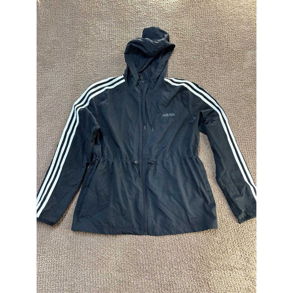 Adidas Womens Black 3-Stripe Full Zip Hooded Windbreaker Jacket Size M - Picture 1 of 8